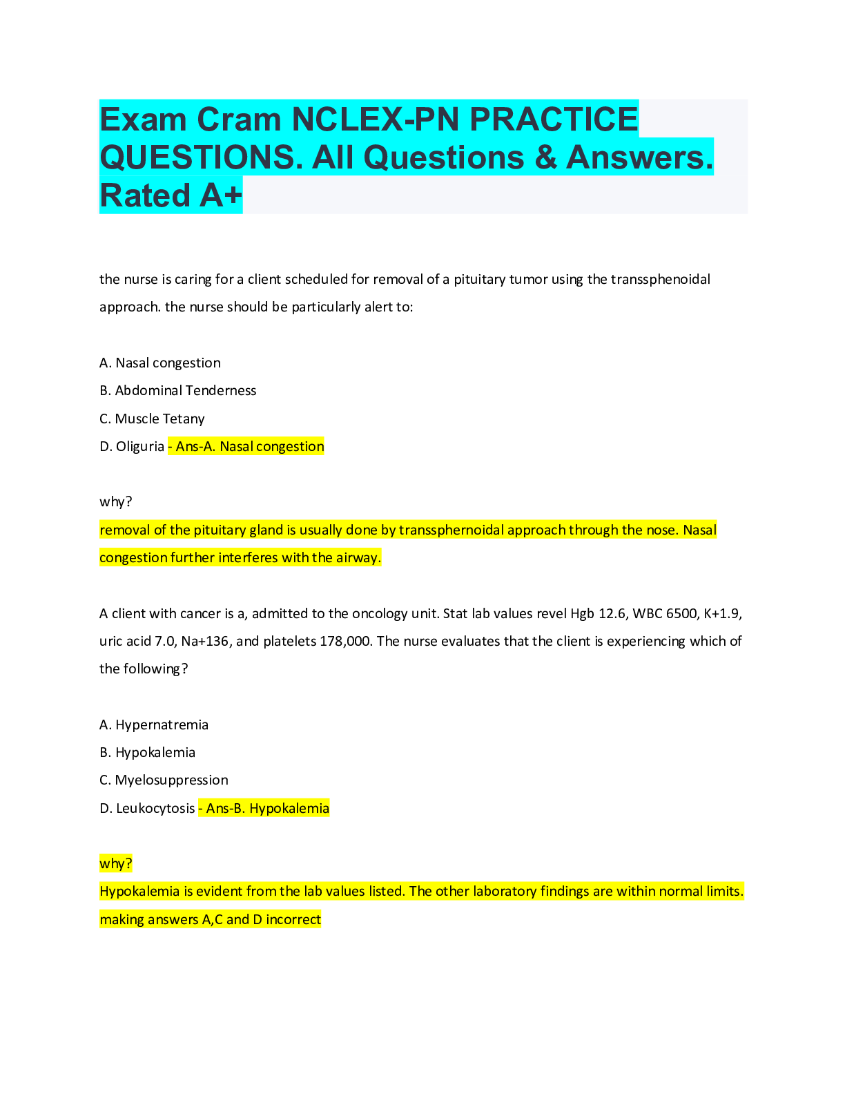 Exam Cram NCLEXPN PRACTICE QUESTIONS. All Questions & Answers. Rated A+